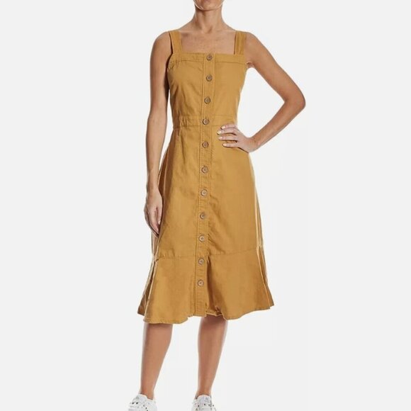 OAT New York Honey Mustard Bow Back Button Front Flounce Dress, Size Small - Picture 1 of 16